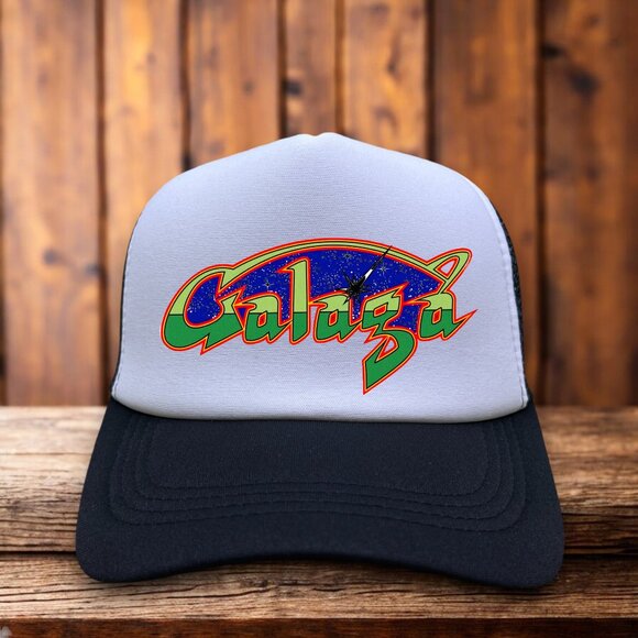 Galaga Mens Trucker Hat Black Snapback 1981 Namco Video Game Retro Baseball Cap - Picture 1 of 4